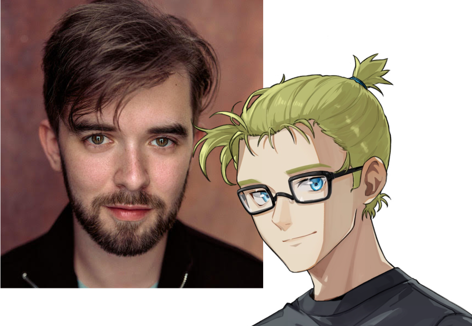 The voice actor Shaun Mendum pictured alongside his character, Hank from Artificial Nexus